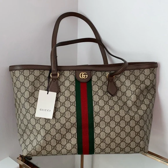 Gucci Beige Monogram Tote with Green and Red Web Stripe and Brown Trim - Picture 6 of 16
